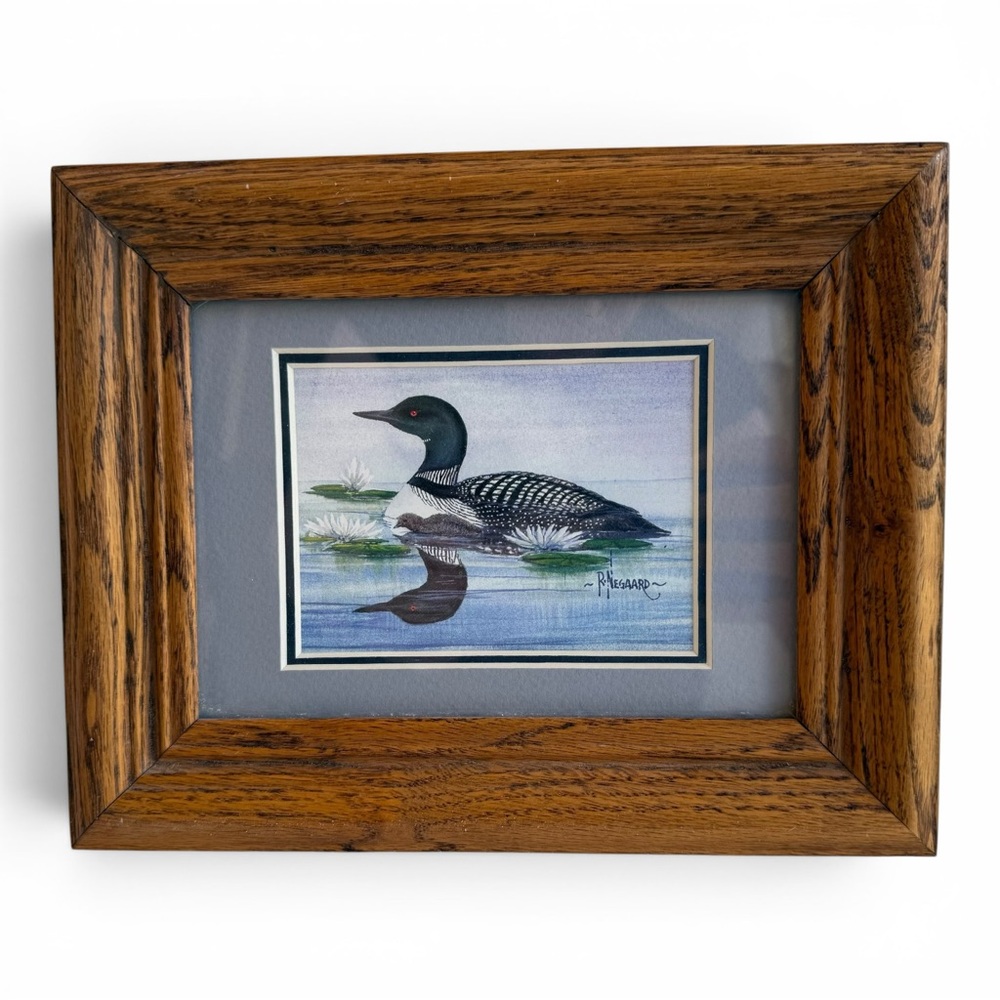 Vintage Loon Duck Chick Wildlife Art Print Rustic Wood Frame Lake House Cabin